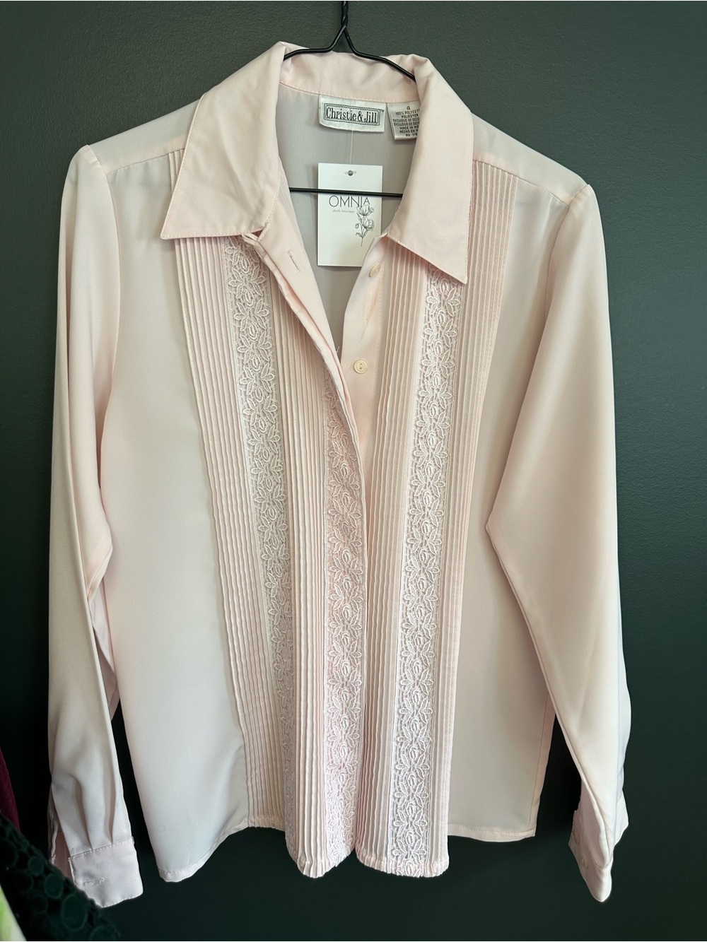 Vintage Pale Pink Lace-Trim Button Front Blouse